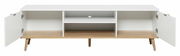 TV-Lowboard in Weiß mit offenen Türen, Holzbeinen und mehreren Fächern, frontale Ansicht