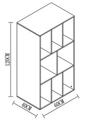 Isometrische Ansicht eines rechteckigen Regals mit versetzten offenen Fächern, Maße 120 cm hoch, 60 cm breit und 40 cm tief (Skizze mit Bemaßung).