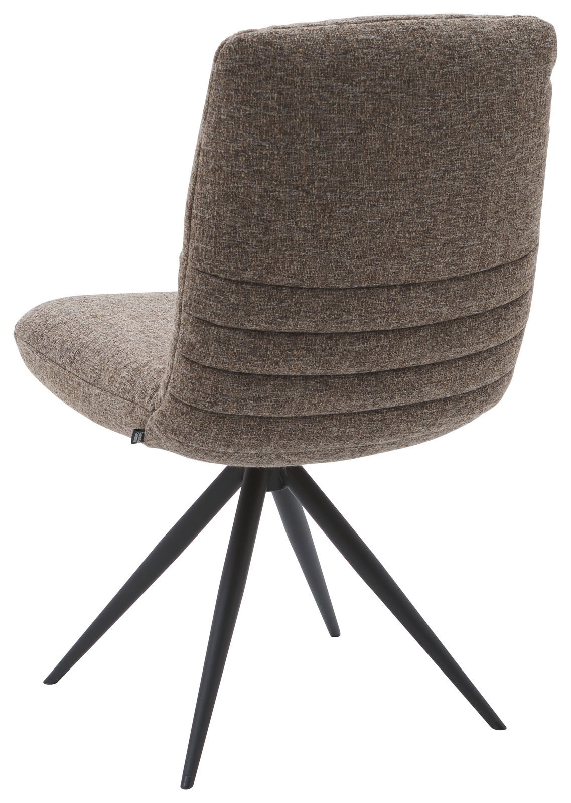 Dieter Knoll Stuhl MIGUEL Rückansicht eines modernen Stuhls mit braunem Stoffbezug und schwarzen Metallbeinen