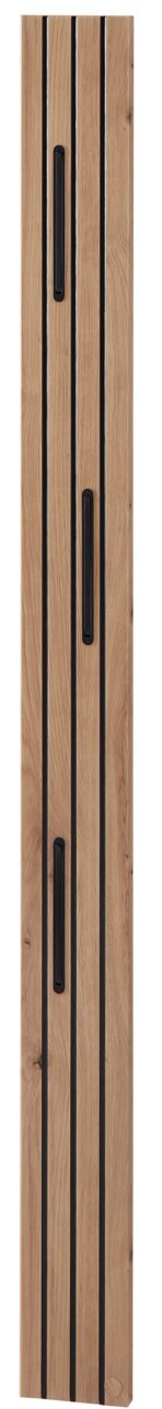 Frontale Ansicht eines Garderoben-Sets aus Holz mit schwarzen Akzenten und mehreren Haken.