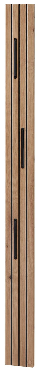 Frontale Ansicht eines Garderoben-Sets aus Holz mit schwarzen Akzenten und mehreren Haken.