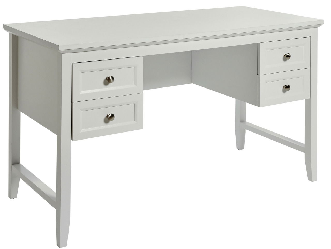 Weißer Schreibtisch mit vier Schubladen, seitliche Perspektive