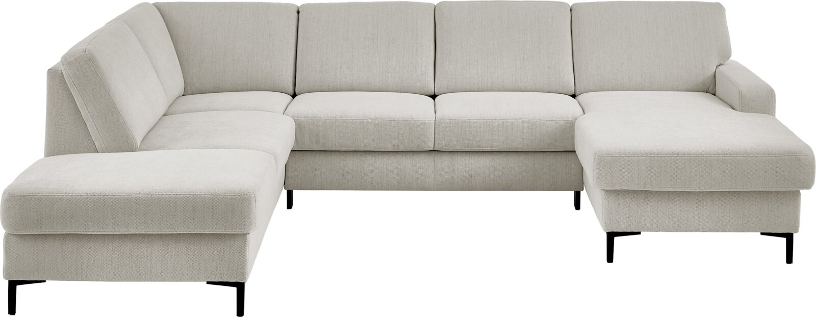 Hellbeiges U-förmiges Ecksofa mit Stoffbezug, zwei Ottomane-Elementen links und rechts, schwarzen Metallfüßen und geradlinigen Rückenpolstern, freigestellt auf weißem Hintergrund, Frontansicht leicht von oben.
