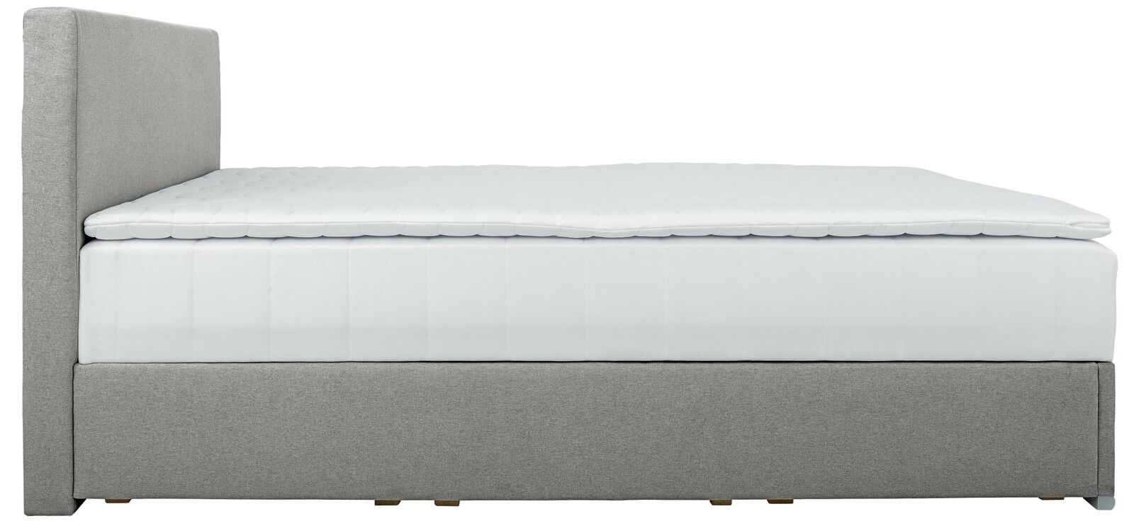 Seitenansicht eines grauen Boxbetts mit weißer Matratze und Topper.