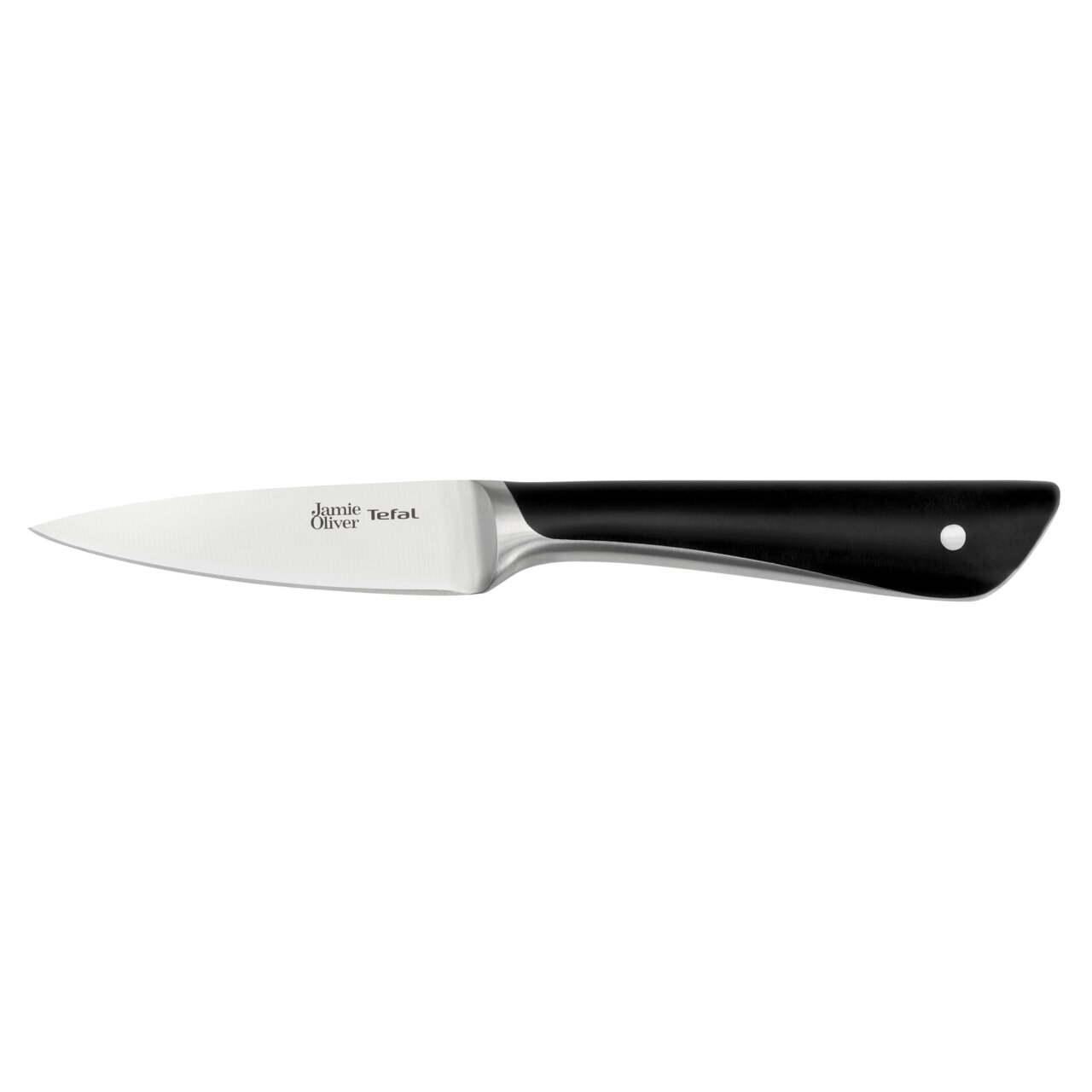 Küchenmesser mit schwarzem Griff und silberner Klinge, seitliche Ansicht
