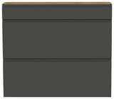 Frontansicht eines modernen, dunkelgrauen Hängeschuhschranks mit einer Holzoberfläche.