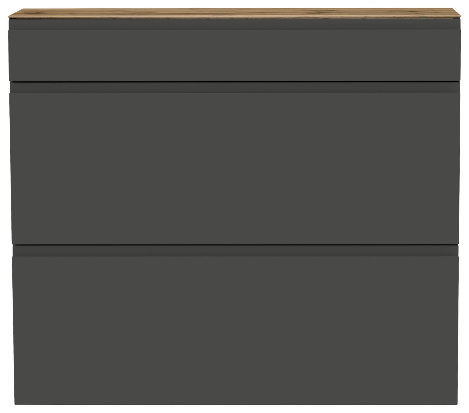 Frontansicht eines modernen, dunkelgrauen Hängeschuhschranks mit einer Holzoberfläche.