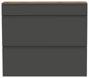 Frontansicht eines modernen, dunkelgrauen Hängeschuhschranks mit einer Holzoberfläche.