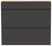 Frontansicht eines modernen, dunkelgrauen Hängeschuhschranks mit einer Holzoberfläche.