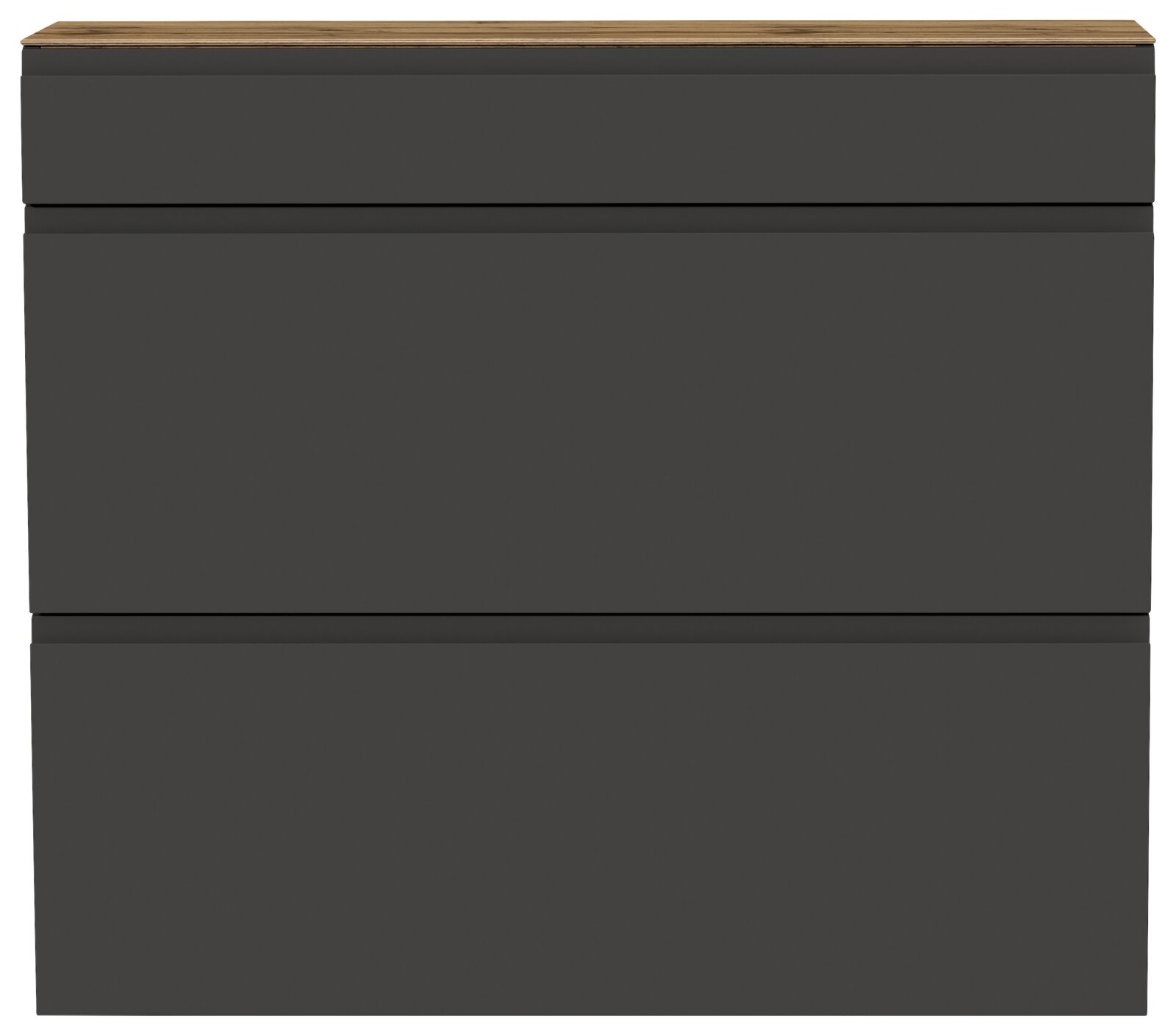 Frontansicht eines modernen, dunkelgrauen Hängeschuhschranks mit einer Holzoberfläche.
