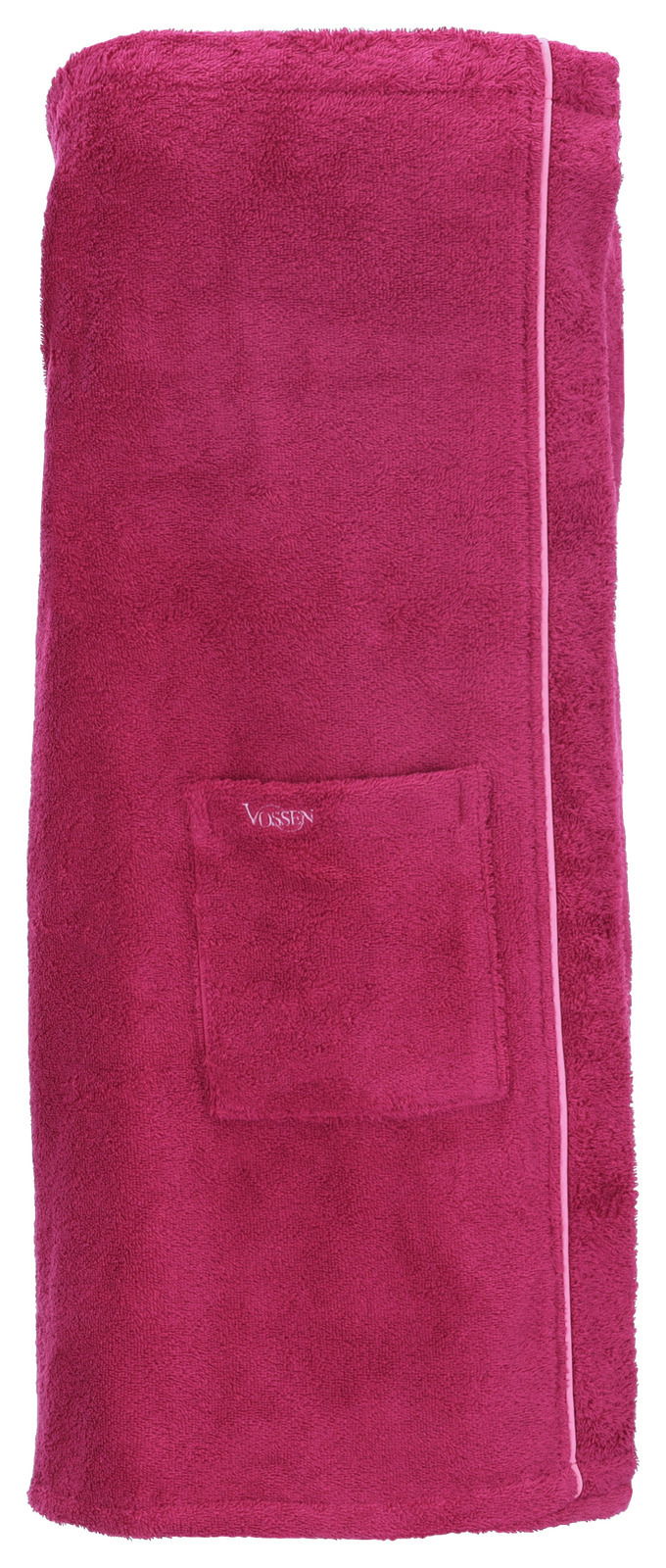 Rotes Wellness-Handtuch von Vossen mit aufgenähter Tasche, frontal fotografiert