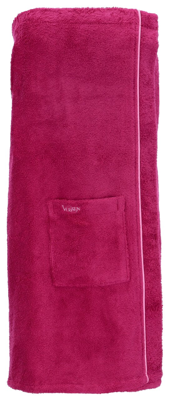Rotes Wellness-Handtuch von Vossen mit aufgenähter Tasche, frontal fotografiert
