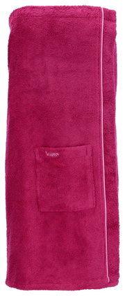 Rotes Wellness-Handtuch von Vossen mit aufgenähter Tasche, frontal fotografiert