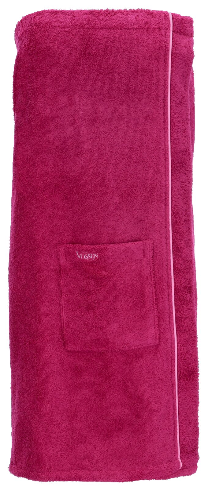 Rotes Wellness-Handtuch von Vossen mit aufgenähter Tasche, frontal fotografiert