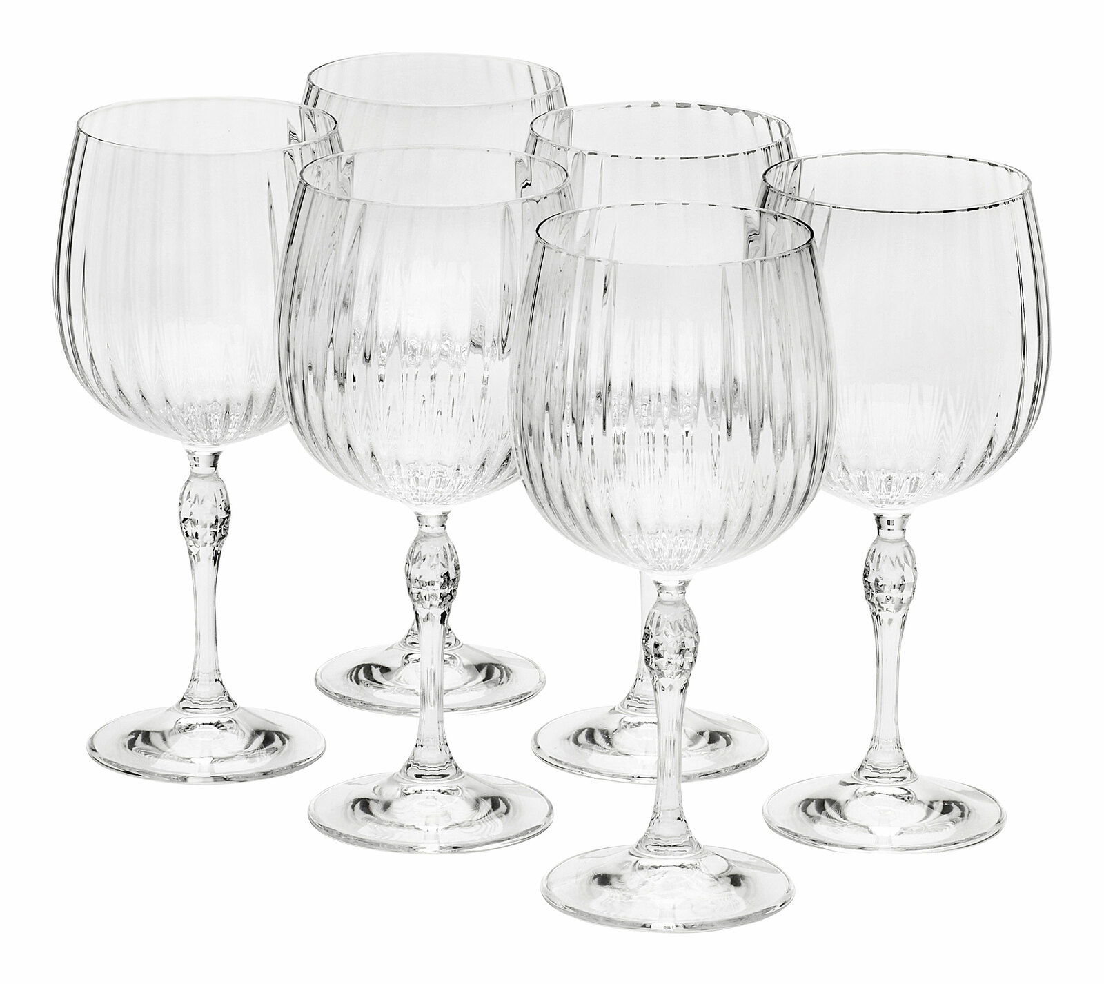 Bormioli Rocco Gin-tonicglazen, set van 6 AMERICA Sechser-Set Gin Tonic Gläser America mit eleganten Rillen, seitliche Perspektive