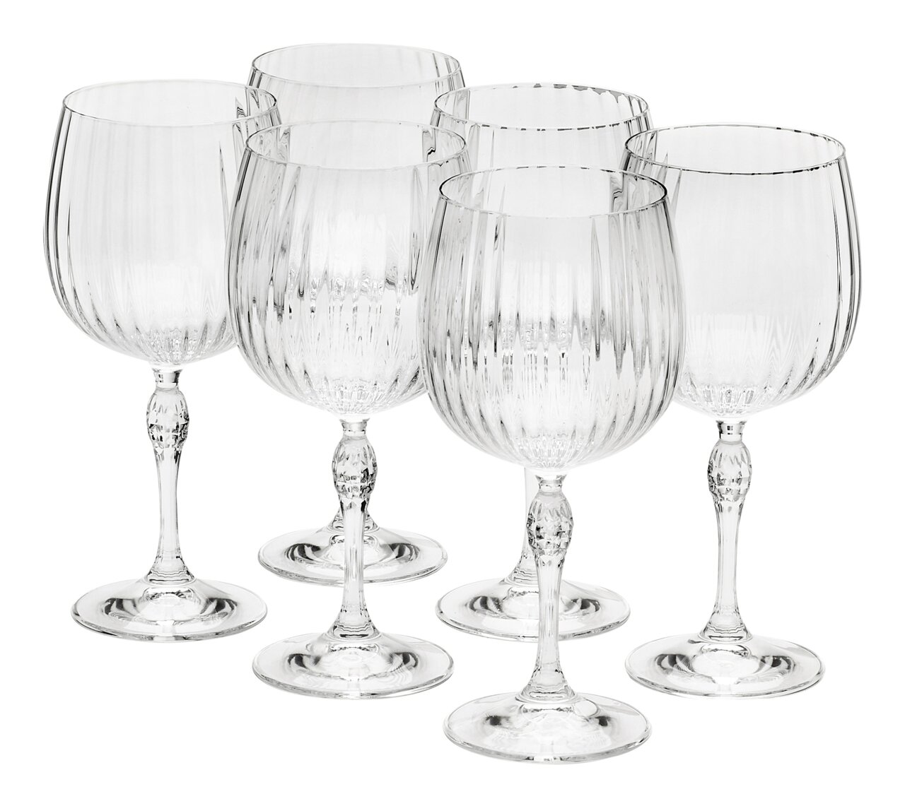 Sechser-Set Gin Tonic Gläser America mit eleganten Rillen, seitliche Perspektive