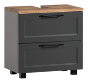 Moderner Waschbeckenunterschrank in dunklem Grau mit zwei Schubladen und einer Holzoberfläche, seitliche Perspektive.