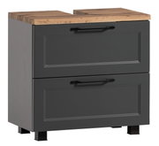 Moderne wastafelonderkast in donkergrijs met twee lades en een houten afwerking, zijaanzicht.
