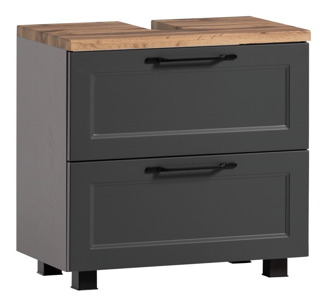 Moderne wastafelonderkast in donkergrijs met twee lades en een houten afwerking, zijaanzicht.