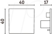 Technische Maßzeichnung einer quadratischen Abdeckung/Blende 40×40 mm mit Seitenansicht, Tiefe 17 mm – Vorder- und Seitenperspektive