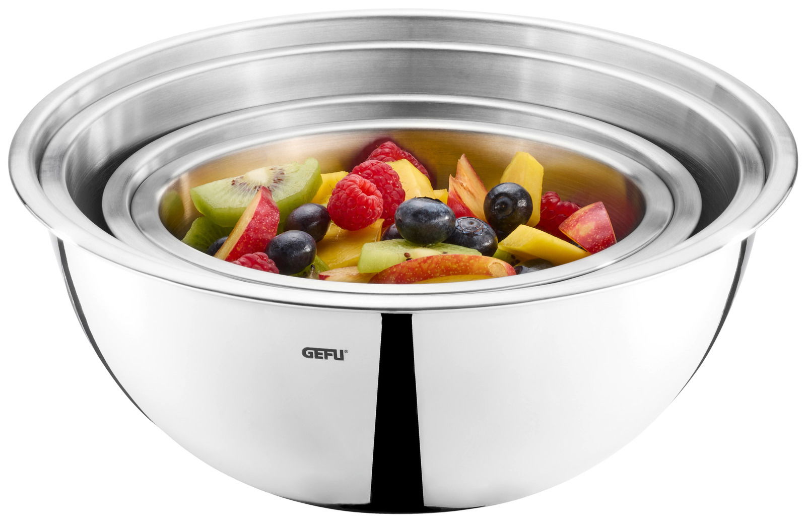 Edelstahlschüssel-Set, 4-teilig, mit frischem Obst gefüllt, seitliche Perspektive