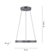 Moderne Pendelleuchte PURE E-LOOP von Paul Neuhaus in seitlicher Perspektive, mit runder Deckenhalterung und verstellbarer Höhe von 40 bis 350 cm, Durchmesser 70,1 cm.