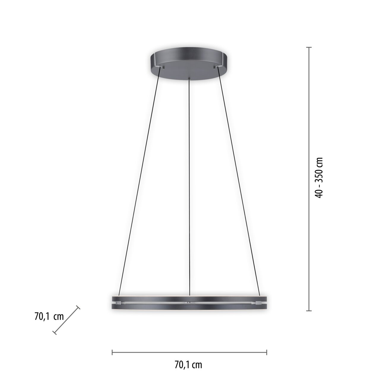 Moderne Pendelleuchte PURE E-LOOP von Paul Neuhaus in seitlicher Perspektive, mit runder Deckenhalterung und verstellbarer Höhe von 40 bis 350 cm, Durchmesser 70,1 cm.