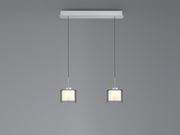 Moderne LED-Pendelleuchte mit zwei zylindrischen Lampenschirmen, hängend an dünnen Kabeln von einer rechteckigen Deckenhalterung, seitliche Perspektive.