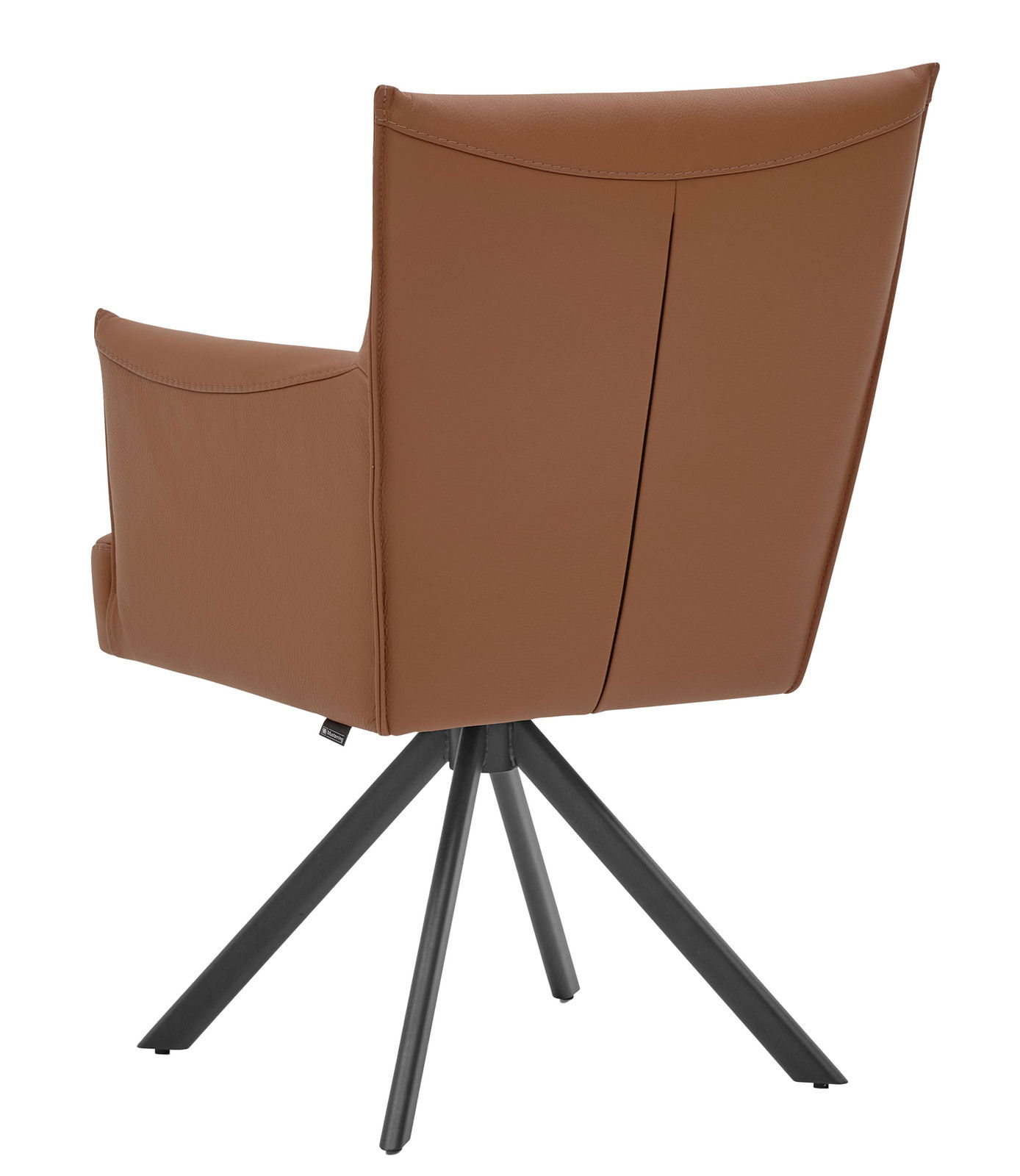 Rückansicht eines braunen Armlehnstuhls mit schwarzem Metallgestell.