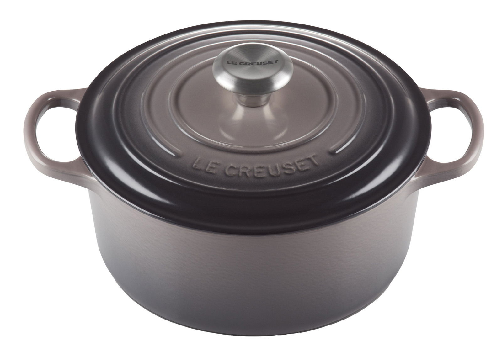 Runder Bräter von Le Creuset in der Farbe Flint, Ansicht von oben mit sichtbarem Deckel und Griffen.