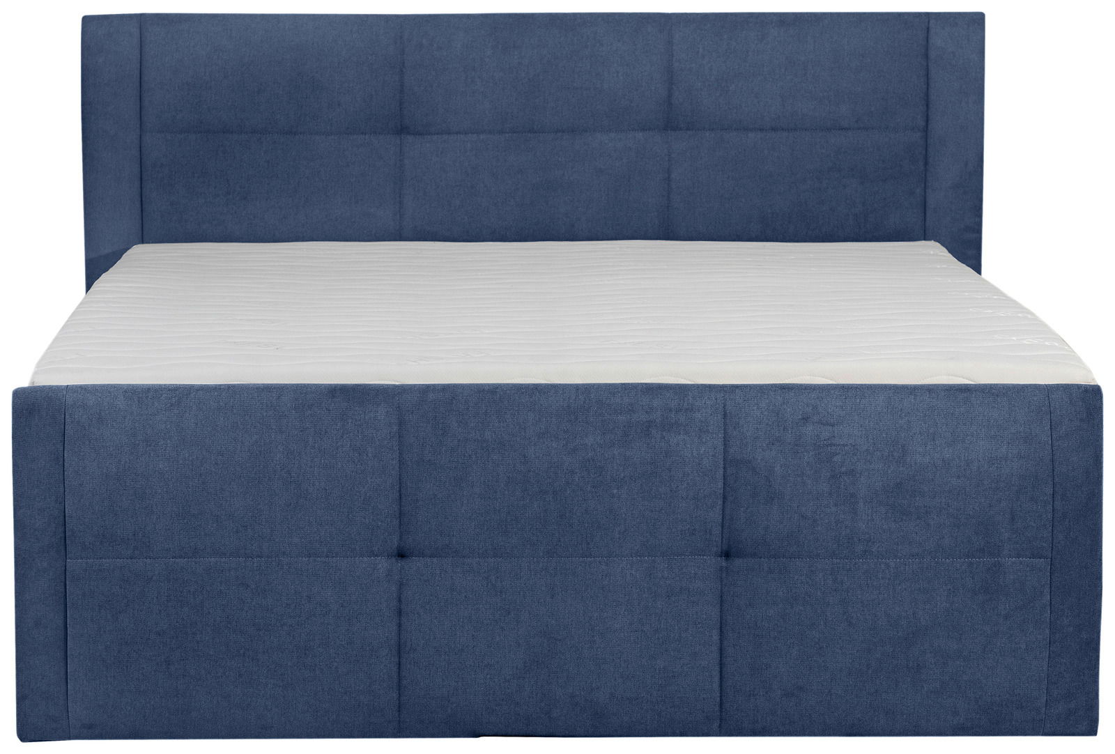 Blaues Boxspringbett 180 LIMOS mit gepolstertem Kopfteil, Frontalansicht