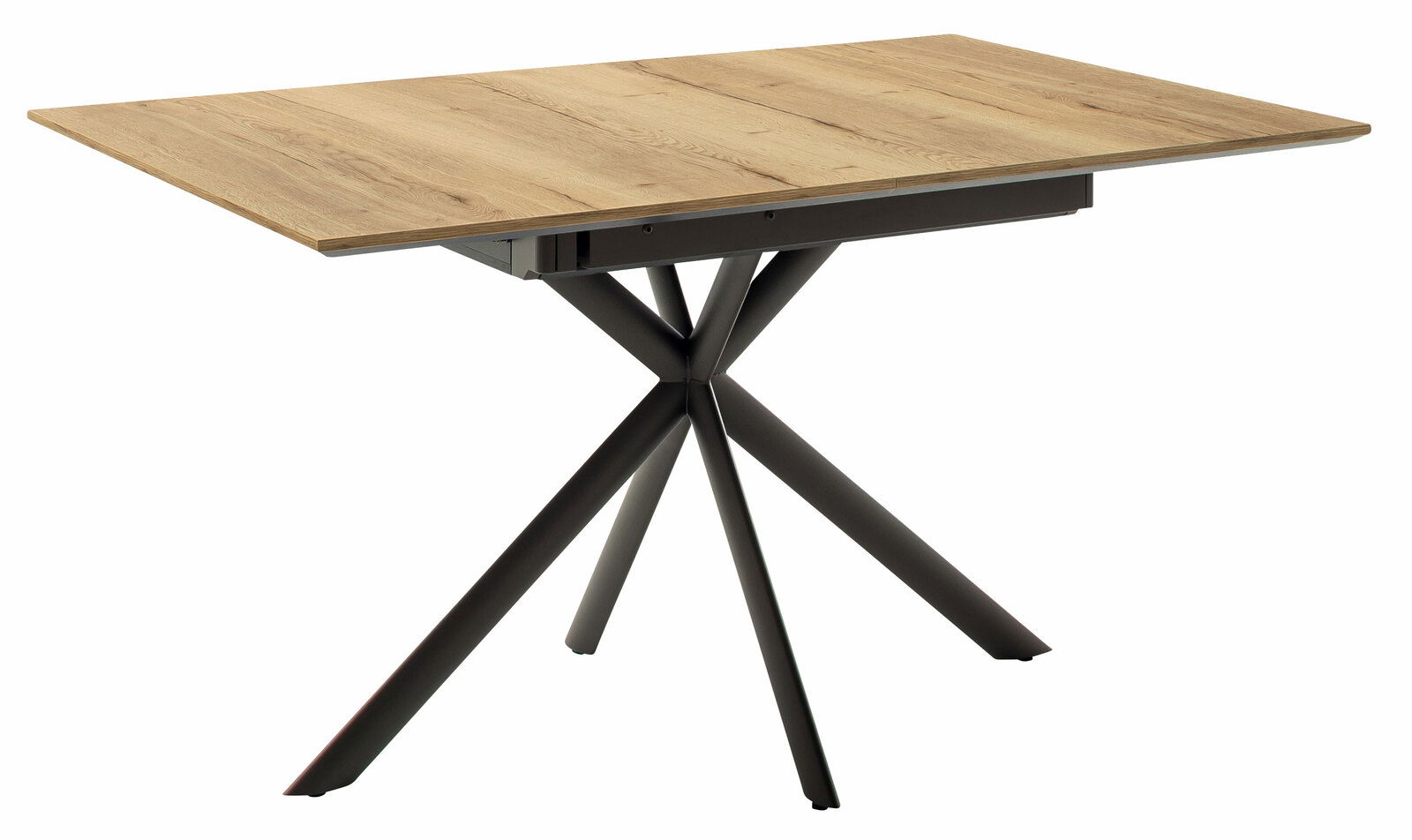 Moderner Esstisch mit Holzplatte und schwarzem Metallgestell, seitliche Perspektive