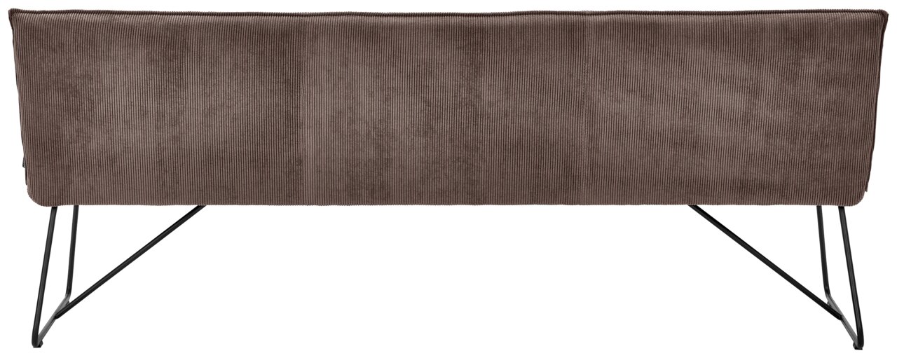 Rückansicht einer braunen Sitzbank mit Metallbeinen