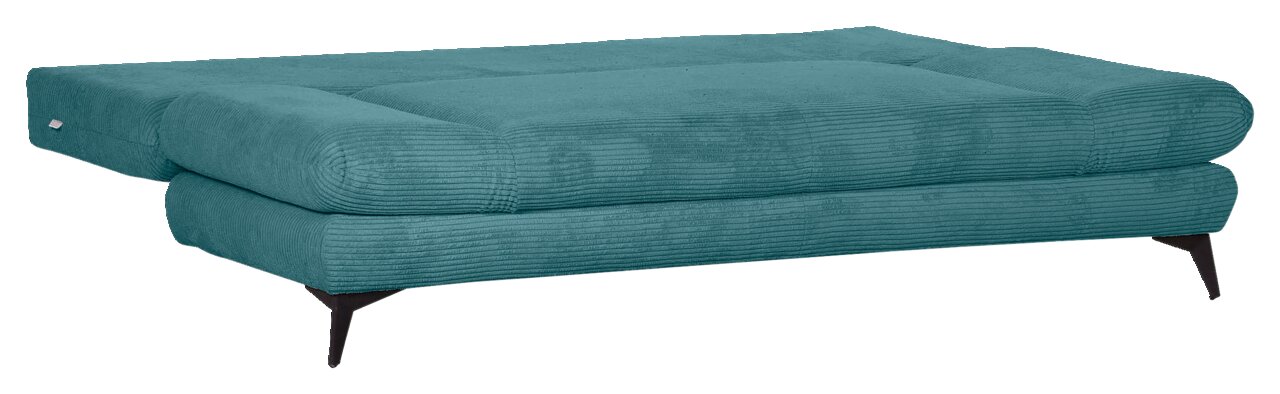 Funktionssofa in Türkis aus seitlicher Perspektive, ausgeklappt mit modernen schwarzen Beinen