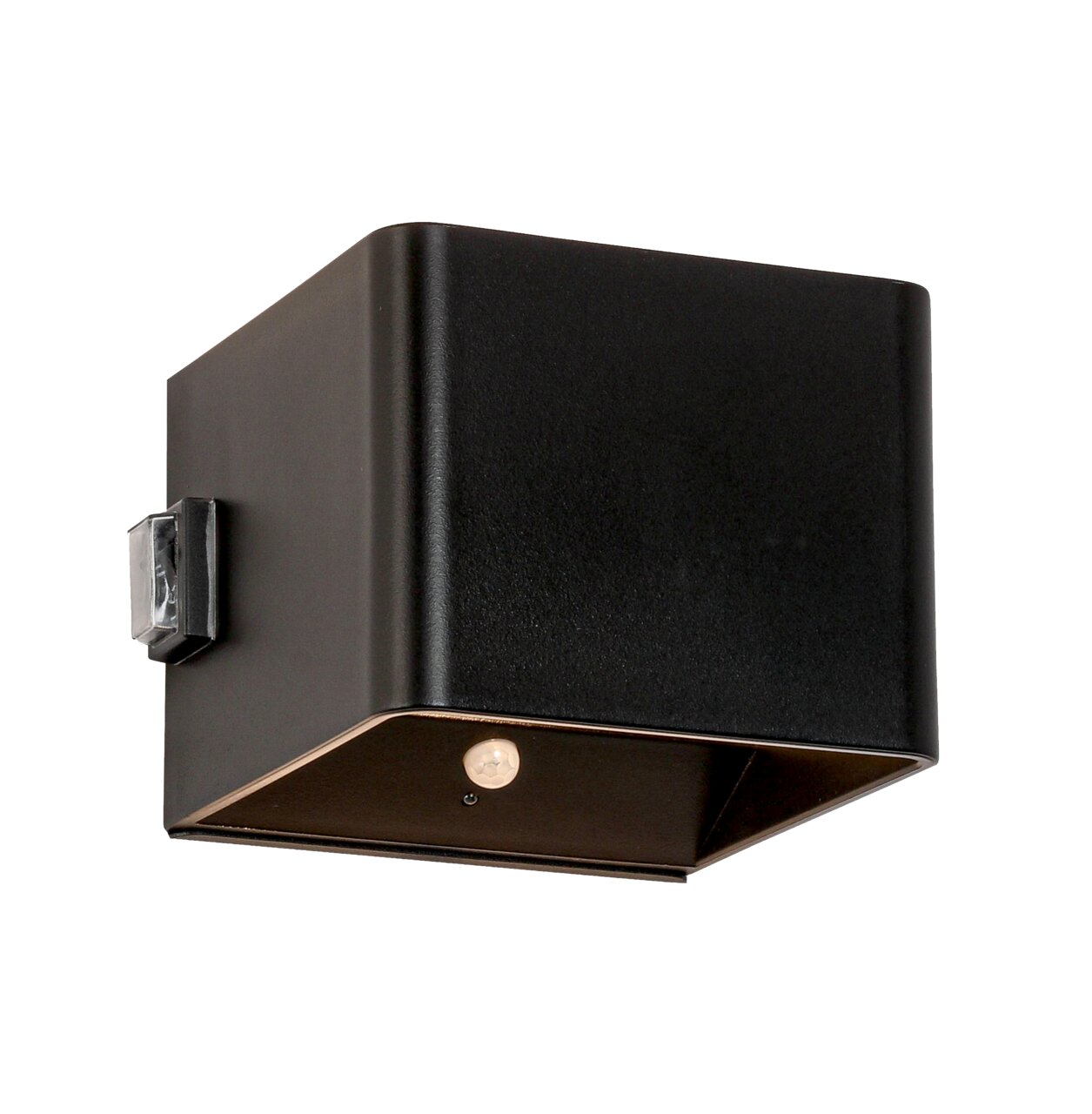 Novel Akku-Wandleuchte Schwarze, würfelförmige Akku-Wandleuchte aus seitlicher Perspektive
