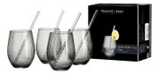 Ritzenhoff & Breker „spritz smoke“ Partyset (8-teilig) mit vier geriffelten Rauchglas-Trinkgläsern und Glasstrohhalmen, daneben die Produktverpackung; perspektivische Frontansicht leicht von links.
