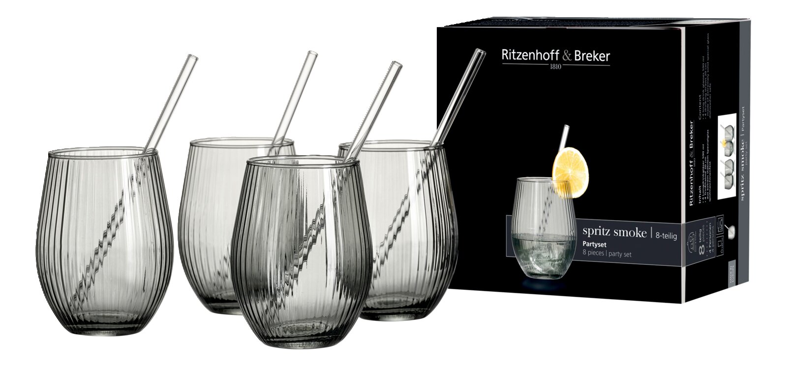 Ritzenhoff & Breker „spritz smoke“ Partyset (8-teilig) mit vier geriffelten Rauchglas-Trinkgläsern und Glasstrohhalmen, daneben die Produktverpackung perspektivische Frontansicht leicht von links.
