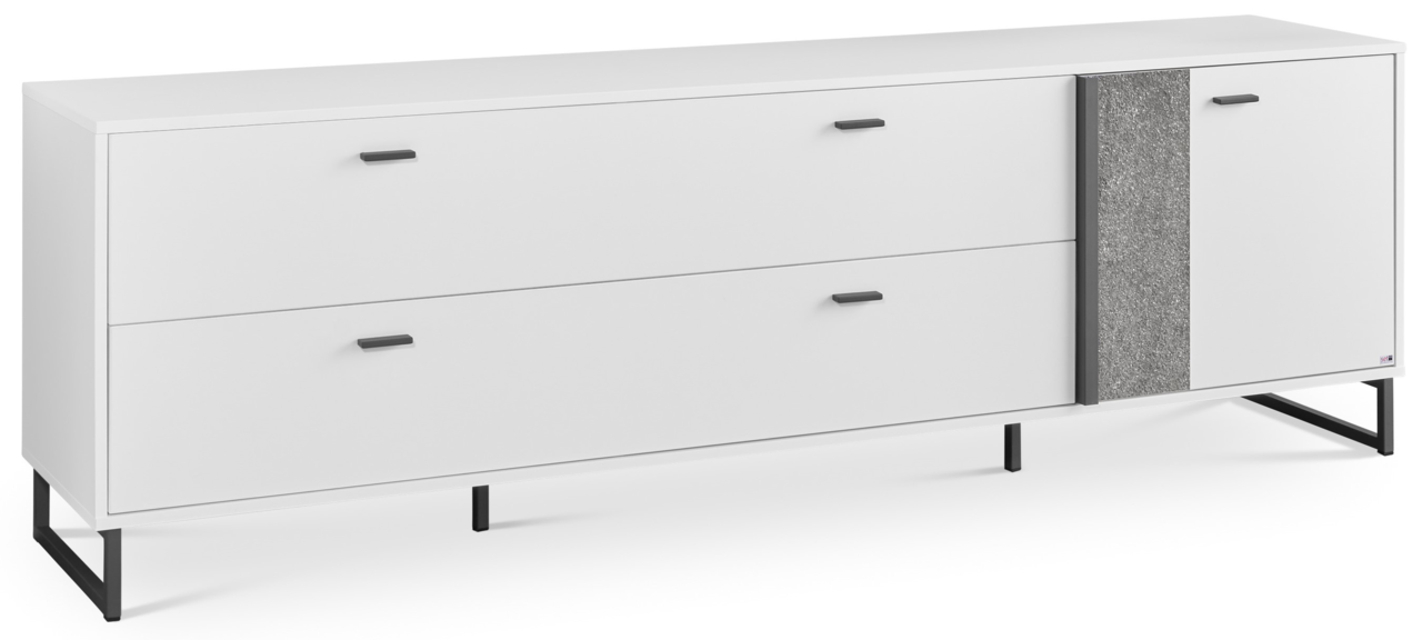Weißes TV-Lowboard mit zwei Schubladen und einer Tür, seitliche Perspektive