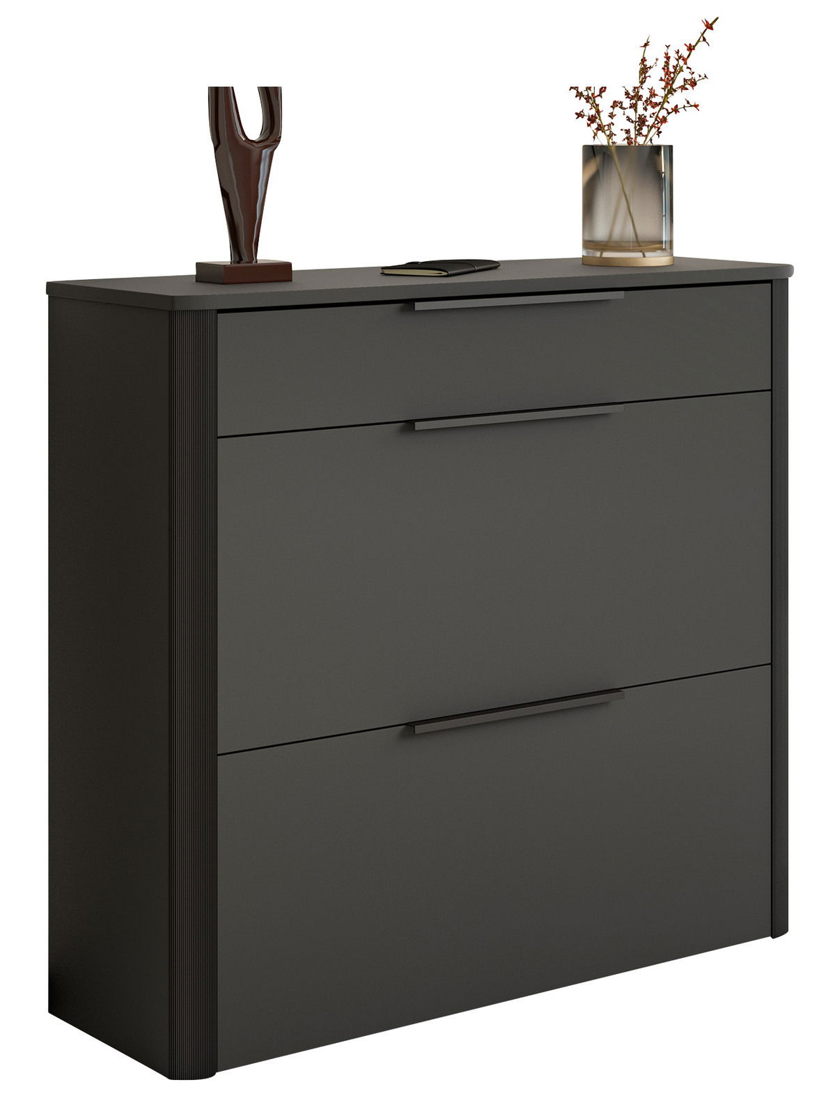 Moderner schwarzer Schuhschrank mit drei Schubladen, dekoriert mit einer Skulptur und einer Vase, seitliche Perspektive