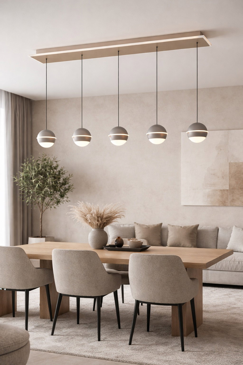 Moderne LED-Pendelleuchte mit fünf kugelförmigen Lampen, hängend über einem Esstisch in einem stilvoll eingerichteten Wohnzimmer, seitliche Perspektive.