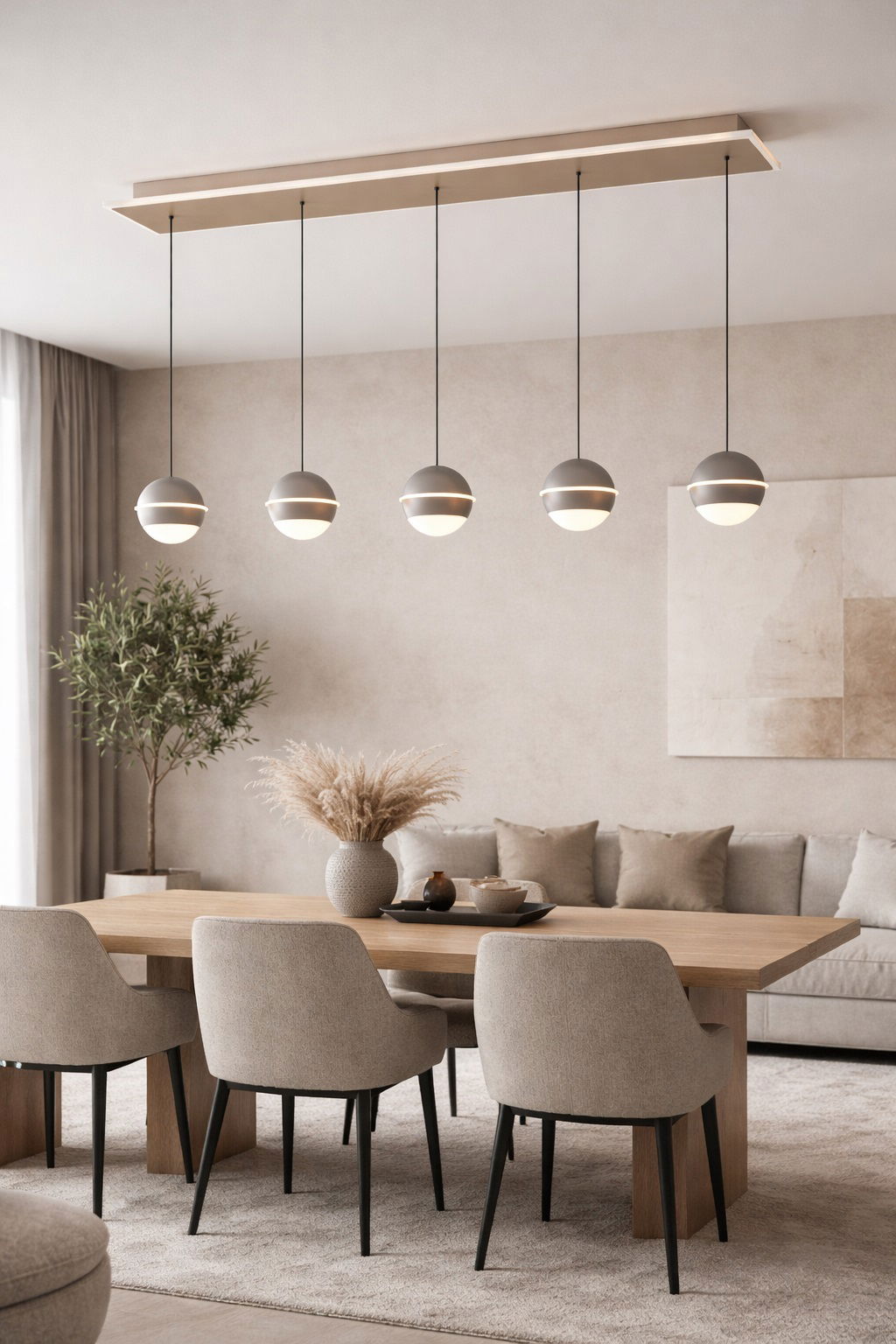 Moderne LED-Pendelleuchte mit fünf kugelförmigen Lampen, hängend über einem Esstisch in einem stilvoll eingerichteten Wohnzimmer, seitliche Perspektive.