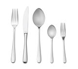 Vorderansicht eines 5-teiligen Besteck-Sets aus Edelstahl, bestehend aus Gabel, Messer, Esslöffel, Teelöffel und Kuchengabel.