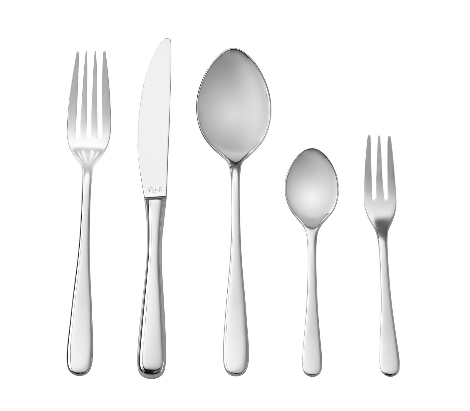 Rösle Besteck-Set Passion 60-tlg. Vorderansicht eines 5-teiligen Besteck-Sets aus Edelstahl, bestehend aus Gabel, Messer, Esslöffel, Teelöffel und Kuchengabel.