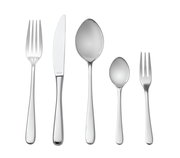 Vorderansicht eines 5-teiligen Besteck-Sets aus Edelstahl, bestehend aus Gabel, Messer, Esslöffel, Teelöffel und Kuchengabel.