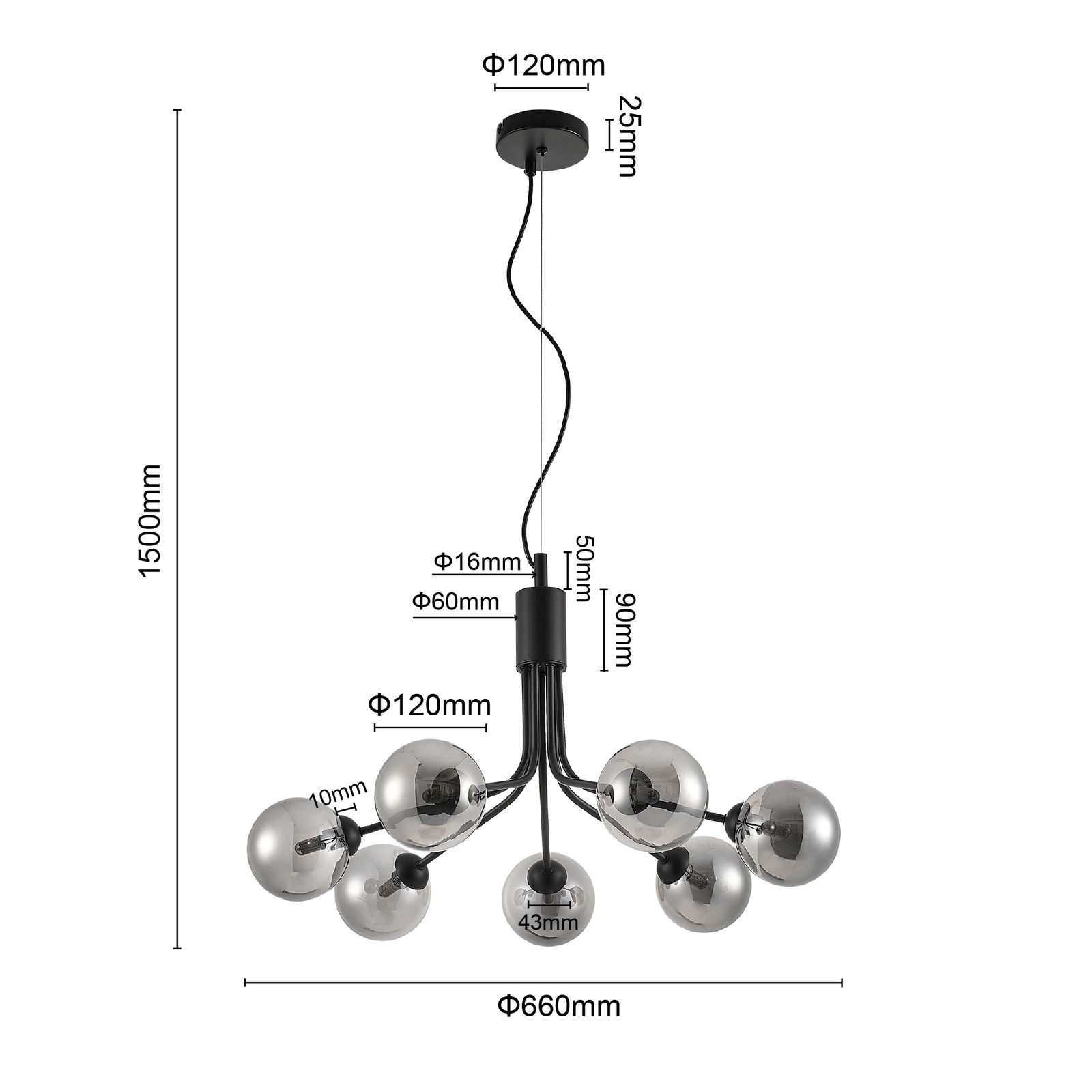 Moderne Hängeleuchte mit sechs kugelförmigen Lampenschirmen, seitliche Perspektive