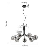 Moderne Hängeleuchte mit sechs kugelförmigen Lampenschirmen, seitliche Perspektive