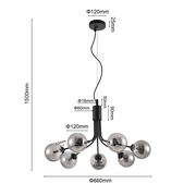 Moderne Hängeleuchte mit sechs kugelförmigen Lampenschirmen, seitliche Perspektive