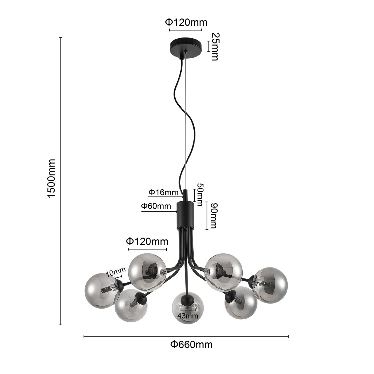 Moderne Hängeleuchte mit sechs kugelförmigen Lampenschirmen, seitliche Perspektive