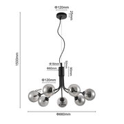 Moderne Hängeleuchte mit sechs kugelförmigen Lampenschirmen, seitliche Perspektive