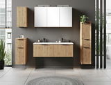 Moderner Spiegelschrank 120 cm mit Holzverkleidung, frontal abgebildet in einem stilvollen Badezimmer.
